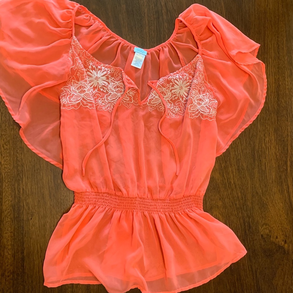 Sheer coral butterfly sleeve top